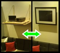 two pictures show the same room with couches and tables in it, one has a green arrow pointing to an open laptop