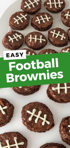 chocolate football brownies on a white plate with the words easy football brownies in green