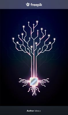 an electronic circuit board tree with glowing lights on the top and below it, against a dark background