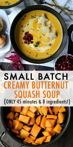 small batch creamy butternut squash soup with cranberries and pomegranates