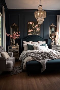 a bedroom with dark blue walls and white bedding