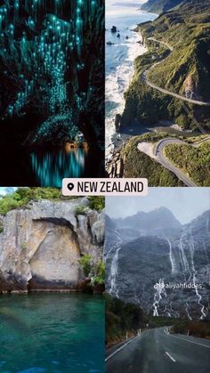 four different pictures with the words new zealand on them, and an image of mountains