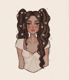 a drawing of a girl with long hair and flowers in her hair, wearing a white shirt