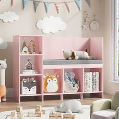 a child's room with pink shelves and toys