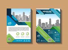 two brochures with green and blue shapes on the front, side and back