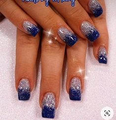 Navy Blue Glitter Nails Acrylic, Gel Nails Royal Blue And Silver, Blue Nail Designs For Wedding, Navy And Silver Nails Wedding, Navy Nails For Wedding, Dark Blue Ombre Nails Glitter, Blue Nail Dip Designs, Ombre Nails Blue Glitter, Navy And Silver Nails Prom