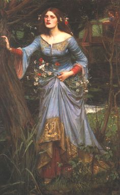 a painting of a woman in a blue dress standing next to a tree with flowers