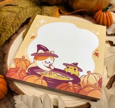 a thanksgiving card with a snowman and pumpkins in the background, surrounded by fall leaves