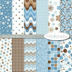 a set of blue and brown digital papers with flowers, stripes, dots, and circles