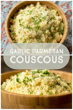 garlic parmesan couscous in a wooden bowl on top of a table