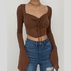 Please refer to our sizing chart for a guideline when choosing a size. 5 business days order processing time. 70% cotton 30% spandex. Tops Outfit Ideas, Self Tie Crop Top, Tops Outfit, Bodysuits And Jeans, Sheer Mesh Dress, Brown Crop Top, Brown Tops, Tie Crop Top, Crop Top Outfits