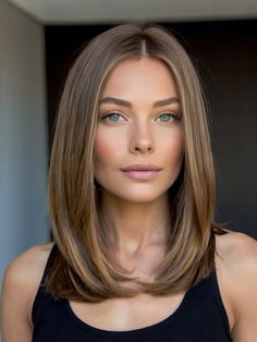 Long Choppy Layers Straight Fine Hair, Middle Part Behind Ears, Mid Length Hair Unstyled, Brown Hair Fair Skin Green Eyes, Mid Length Soft Layers, Quarter Head Highlights Brown Hair, Women’s Haircut Ideas, Light Brown Lob With Highlights, Ootd For Petite Women