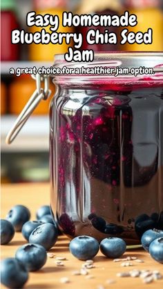 blueberry chia seed jam in a glass jar on a wooden table with the words easy homemade blueberry chia seed jam