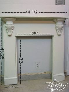 the measurements for a fireplace surround are shown in front of a white wall with an open door