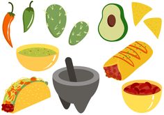 an assortment of mexican foods including tortilla, avocado and chilis