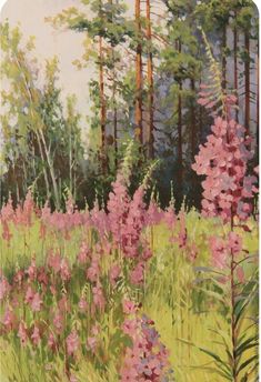 a painting of pink flowers and trees in the background with green grass on the ground