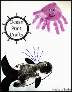 Ocean Print Crafts - an adorable handprint octopus and footprint orca whale - House of Burke Black Panther Tree, Handprint Octopus, Toddlers Crafts, Infant Crafts, Thema Water, Infant Art, Print Crafts, Footprint Craft, Footprint Crafts