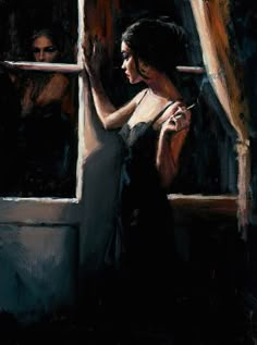 a painting of a woman standing in front of a window looking out the window at another person