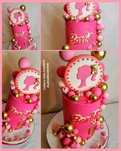 a pink cake with gold decorations and pearls on the top is decorated with a silhouette of a woman's head