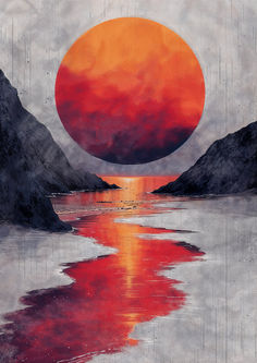 an orange and red sun is reflected in the water on a cloudy day with mountains