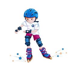 a boy in roller skates is skating down the street with stars around him and his helmet on