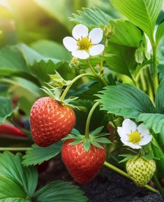 strawberries growing on the plant with white flowers