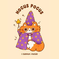 an orange and white cat wearing a purple hat with the words hoccus pocus i cannot focus