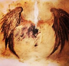 an artistic painting of two large black wings on a brown and beige background with white streaks