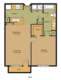 the floor plan for a two bedroom apartment with an attached kitchen and living room area