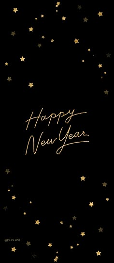 a black and gold happy new year card with stars on the bottom, in front of a dark background