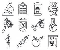 the icons for science and laboratory related items, such as flasks, test tubes, scissors, beakle