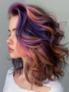 Top Summer Hair Colors for 2024 Chunky Fall Hair, Vivid Hair Highlights, Multi Color Fall Hair, Multiple Color Hair Dye Ideas, Colorful Fall Hair Colors, Purple And Peach Hair, Vivid Peekaboo Highlights, Colorful Hair Ideas For Blondes, Hair Colour Ideas Colourful