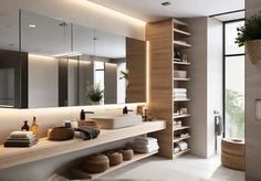 a bathroom with a large mirror, sink and shelves on the wall next to it