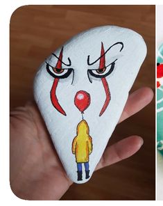 two pictures one with a painted rock and the other with an image of a clown's face on it