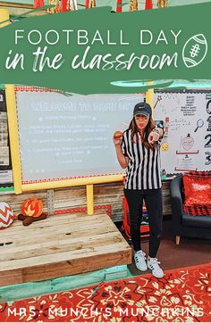 a woman standing in front of a sign that says football day in the classroom