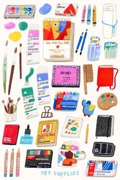 an assortment of arts and crafts items displayed on a white background with the words art supplies written below it