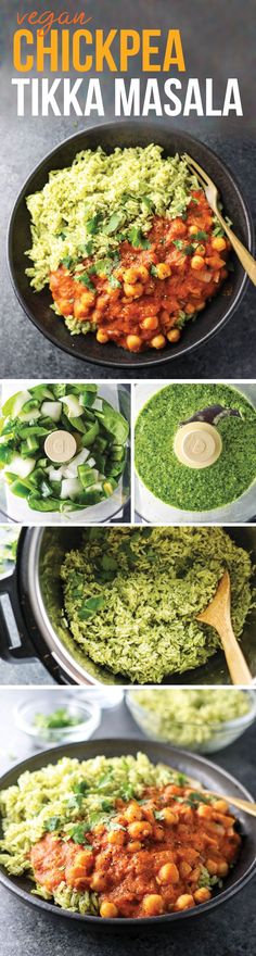 chicken tikka masala in a skillet with green sauce and garnishes