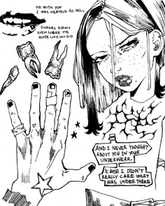 a black and white drawing of a woman's hand with various fingernails