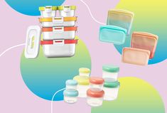 an assortment of plastic containers and lids on a multicolored background with circles around them