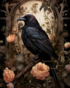 a painting of a black bird sitting on a branch surrounded by pink roses and other flowers