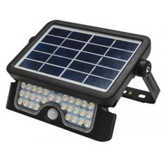 the solar powered flood light is shown on a white background, with no lighting bulbs