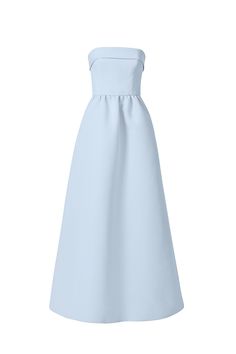 Classic meets casual-cool in this faille style, which features a fitted foldover strapless bodice and wide dirndl skirt with side pockets—a perfect pick for any type of wedding. Shown in Platinum. Classic Blue Dresses, Light Blue Ice Dress, Pigeon Blue Dress, Ice Inspired Dresses, Blue And Pink Bridesmaid Dress, Amsale Bridesmaid Dresses, Amsale Bridesmaid, Amsale Dress, Dirndl Skirt