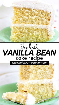 the best vanilla bean cake recipe on a green plate with a fork in front of it