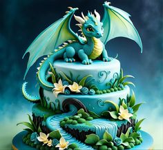 a blue cake with a dragon on top and flowers around the edges, in front of a dark background