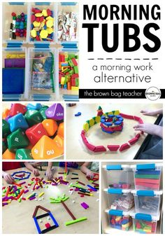 several different pictures with the words morning tubs on them and toys in bins