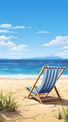 a blue and white striped beach chair sitting on top of a sandy beach