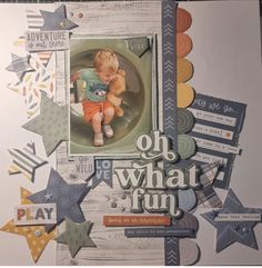 a scrapbook page with an image of a baby in a bowl surrounded by stars