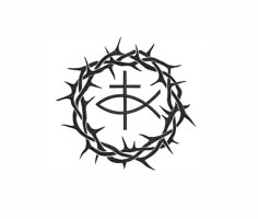 a black and white image of a cross in the center of a crown of thorns