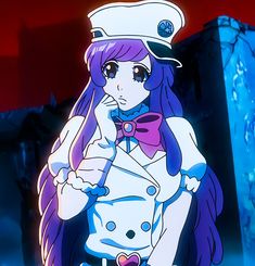 an anime character with purple hair wearing a sailor outfit