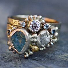 Unique Diamond Stackable Rings, Unique One-of-a-kind Sapphire Ring For Anniversary, Handmade Heirloom Diamond Ring, Unique Stackable Rings With Rose Cut Diamonds For Anniversary, Unique Cluster Ring For Anniversary, Raw Diamond Rings, Gold Stacking Ring, Raw Aquamarine, Gold Ring Stack